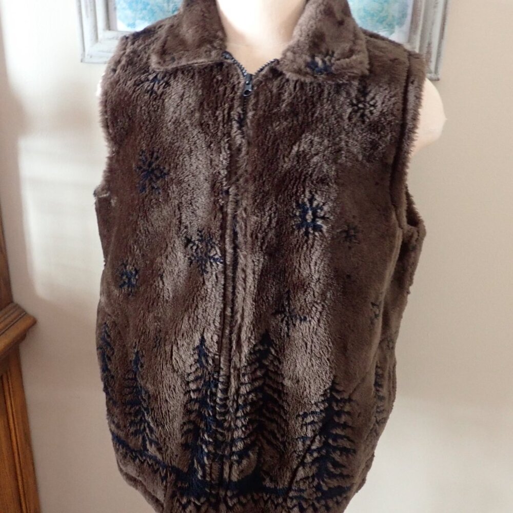 Vtg Cobblestone Canyon Vest Brown Women's XL Teddy Fleece Collared Full Zip USA